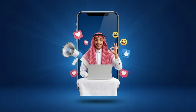 رجل سعودي يستخدم الهاتف الذكي مع أيقونات التواصل الاجتماعي
