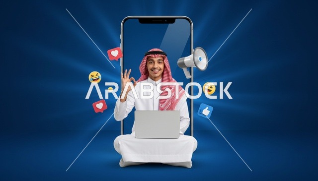 رجل سعودي مع لابتوب وأيقونات التواصل الاجتماعي