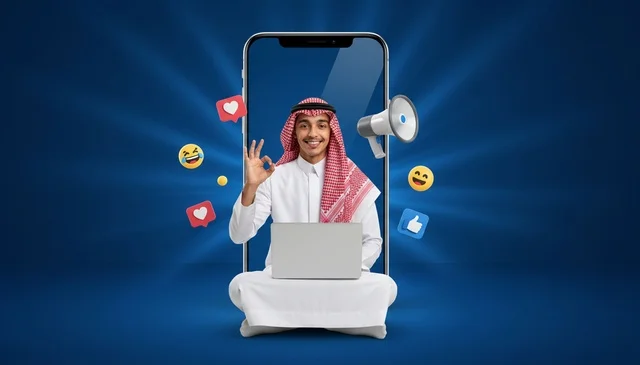 رجل سعودي مع لابتوب وأيقونات التواصل الاجتماعي
