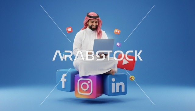 رجل سعودي يستخدم اللابتوب فوق أيقونات التواصل الاجتماعي