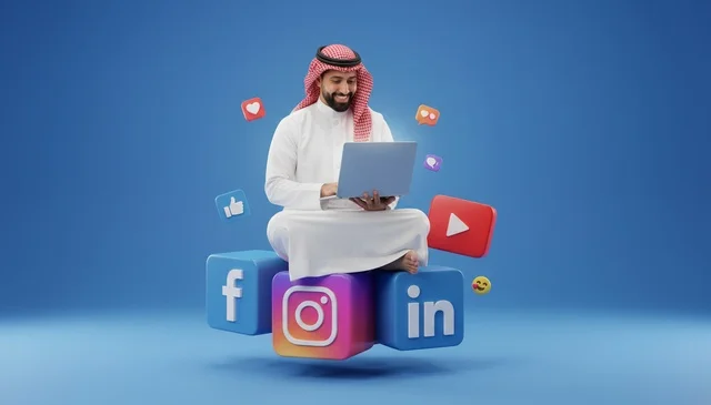 Saudi Man Using Laptop on Social Media Icons