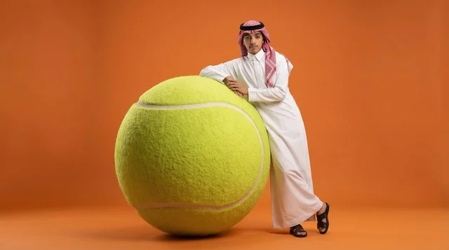 رجل سعودي يرتدي الزي التقليدي يستند على كرة جولف