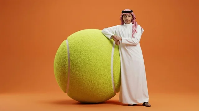 رجل سعودي يرتدي الزي التقليدي يستند على كرة جولف