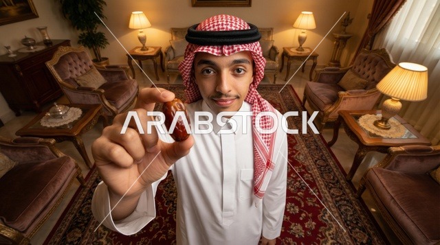 رجل سعودي يحمل تمرة في مجلس تقليدي
