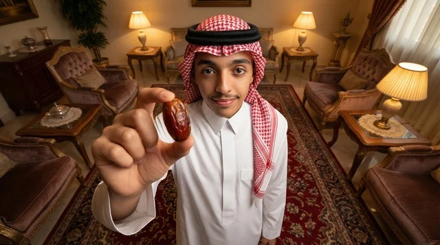 رجل سعودي يحمل تمرة في مجلس تقليدي