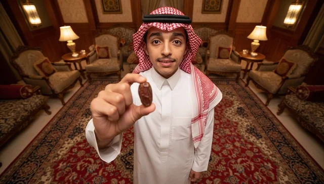 رجل سعودي بالزي التقليدي يحمل تمرة