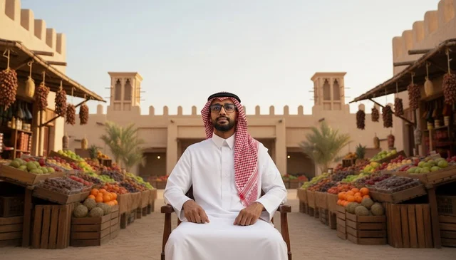 رجل خليجي يجلس في سوق فواكه تراثي مفتوح