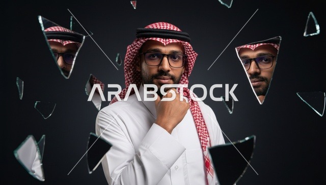 رجل سعودي مع انعكاسات في زجاج مكسور