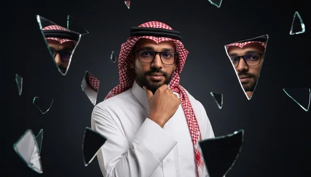 Saudi Man with Broken Glass Reflection in Studio