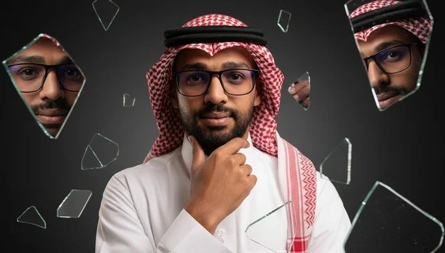 Saudi Man in Traditional Dress with Broken Glass