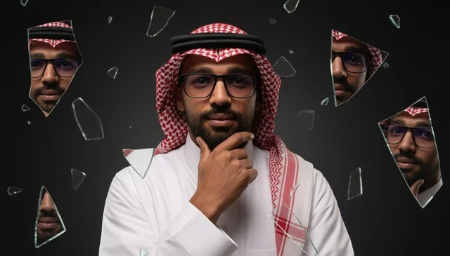 Saudi Man in Traditional Dress with Shattered Glass