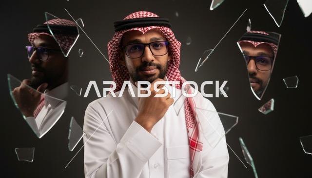 رجل سعودي بالثوب التقليدي مع شظايا زجاج متطايرة