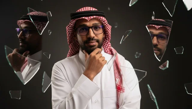Saudi Man in Thobe with Floating Broken Glass Shards
