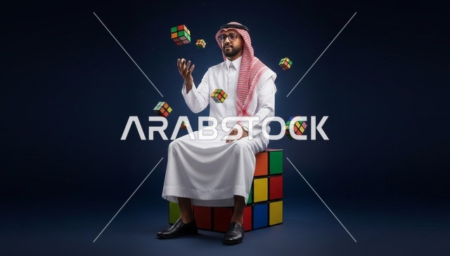 رجل سعودي مع مكعبات روبيك عائمة في الاستوديو