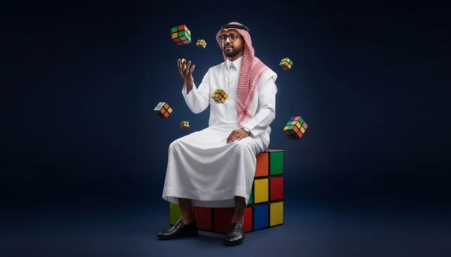 رجل سعودي مع مكعبات روبيك عائمة في الاستوديو