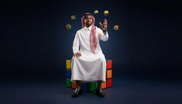 Saudi Man on Giant Rubik's Cube Conceptual Portrait