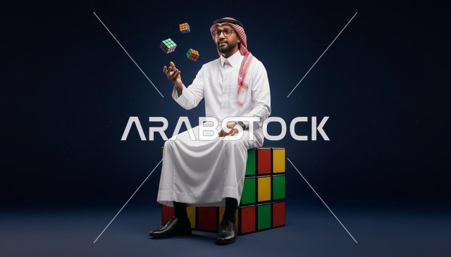 رجل سعودي مع مكعب روبيك مفهوم الاستراتيجية والحلول