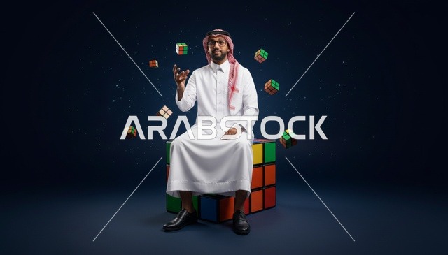 رجل سعودي يجلس على مكعب لغز استراتيجية