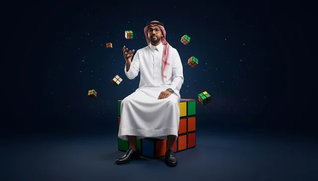 رجل سعودي يجلس على مكعب لغز استراتيجية