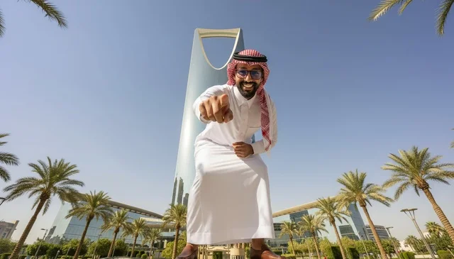Saudi Man Pointing at Kingdom Centre Riyadh Low Angle