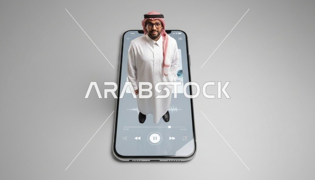 رجل سعودي على شاشة هاتف بواجهة مشغل صوتي