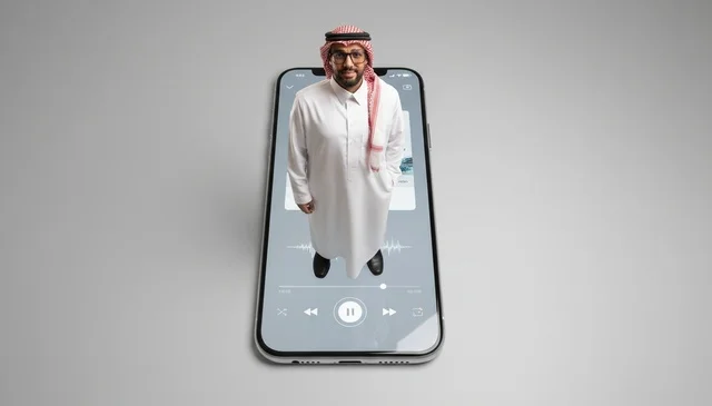 Saudi Man on Smartphone with Audio Player Interface Saudi Man on Smartphone with Audio Player Interface