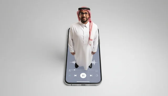 Saudi Man on Smartphone Podcast Interface Screen