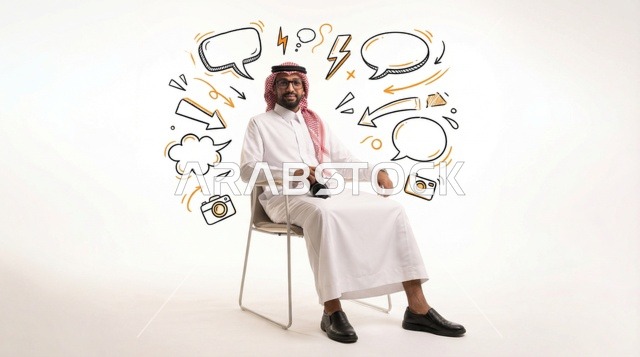 مصور سعودي مع عناصر جرافيك إبداعية في الاستوديو