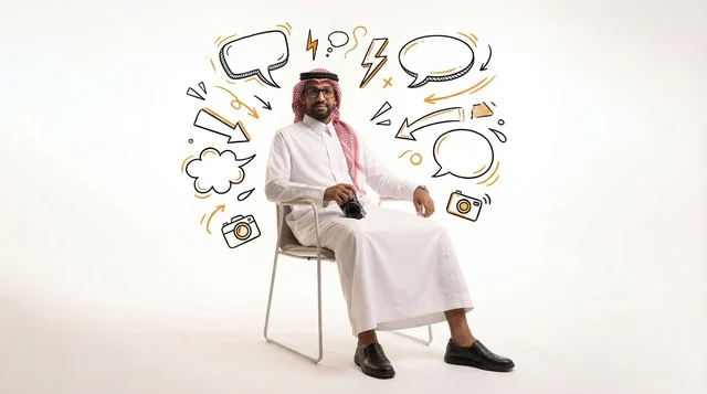 مصور سعودي مع عناصر جرافيك إبداعية في الاستوديو