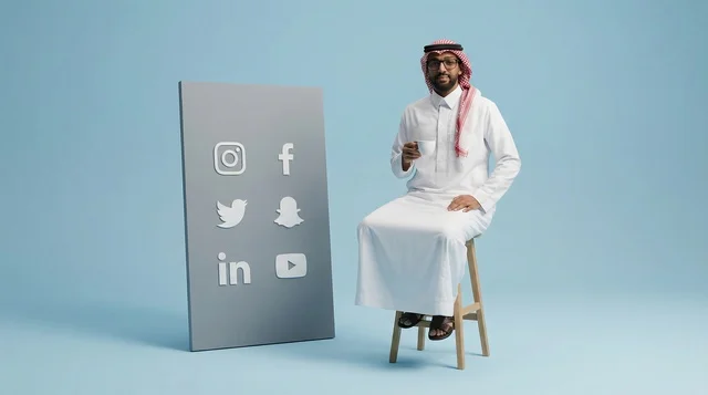 رجل سعودي مع أيقونات التواصل الاجتماعي في الاستوديو