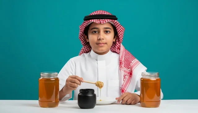 A Saudi child in traditional dress with jars of natural honey.