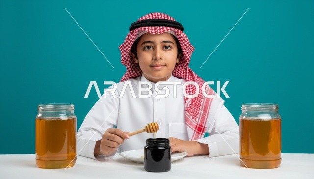 طفل سعودي بالثوب التقليدي مع برطمانات العسل الطبيعي
