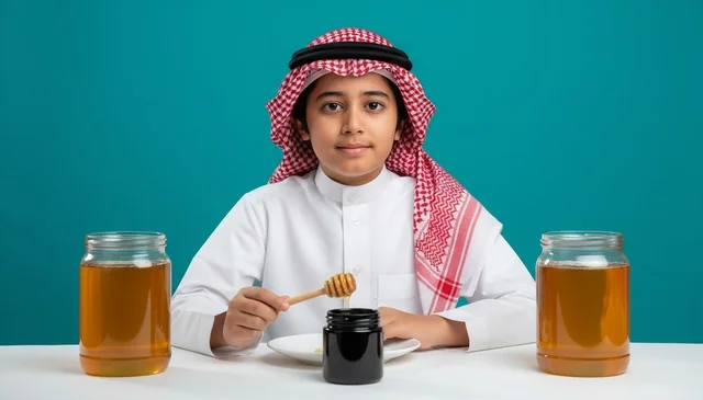 طفل سعودي بالثوب التقليدي مع برطمانات العسل الطبيعي طفل سعودي بالثوب التقليدي مع برطمانات العسل الطبيعي