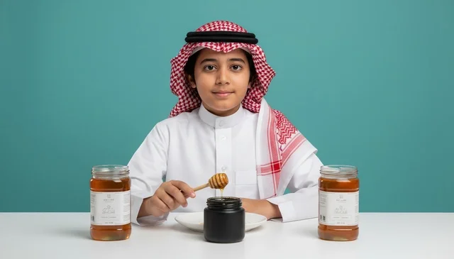 A Saudi child in traditional dress with jars of natural honey.