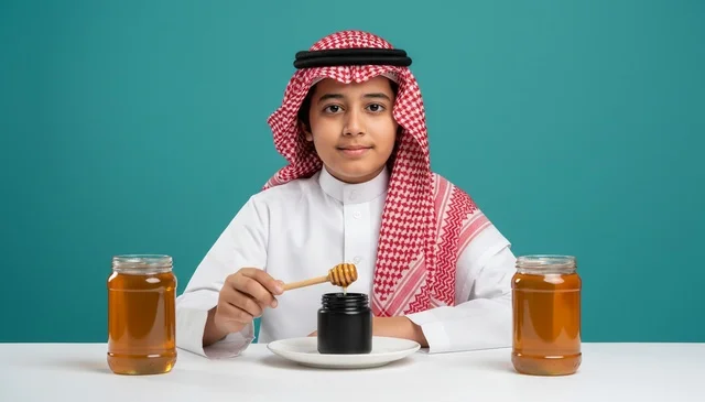 Saudi Boy in Traditional Attire with Natural Honey Jars