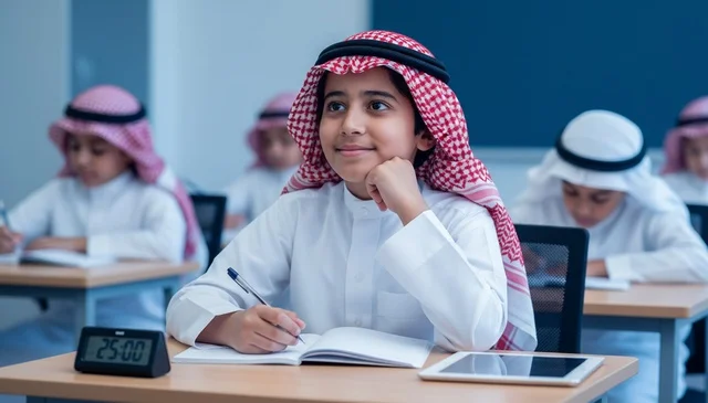 Saudi Student in Traditional Dress in Classroom