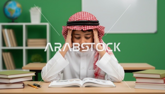 طالب سعودي يدرس في الفصل الدراسي مع الكتب المدرسية