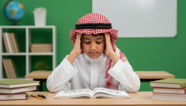 Saudi School Boy Studying at Desk in Classroom with Books