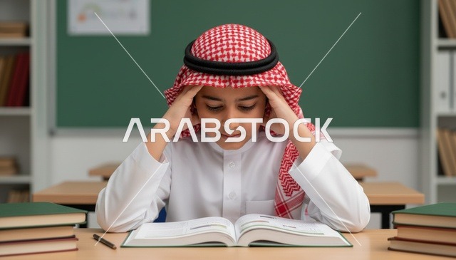 طالب سعودي يدرس على المكتب داخل الفصل الدراسي