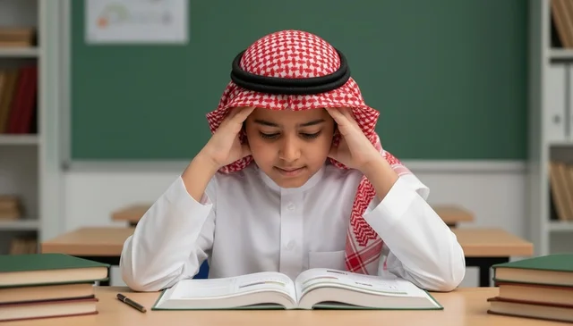 Saudi School Boy Studying at Desk in Classroom Saudi School Boy Studying at Desk in Classroom