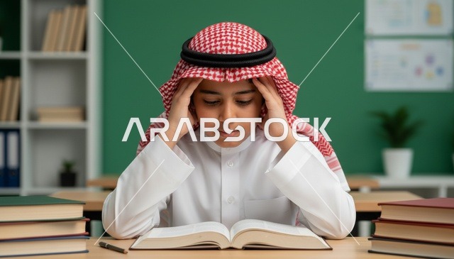 طالب سعودي بالثوب التقليدي يدرس في الفصل