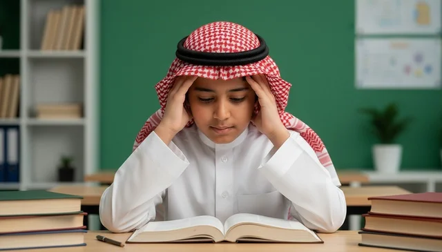 Saudi Boy in Thobe Studying in Classroom