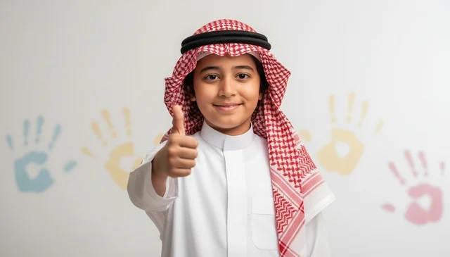 طفل سعودي بالزي التقليدي يرفع إبهامه بالنجاح