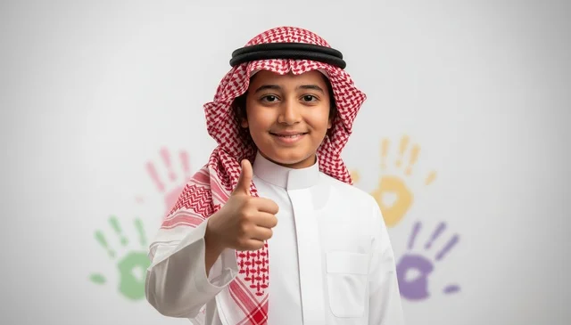 طفل سعودي بالثوب التقليدي يشير بعلامة الإبهام