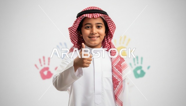 طفل سعودي بالثوب التقليدي يشير بعلامة الإعجاب