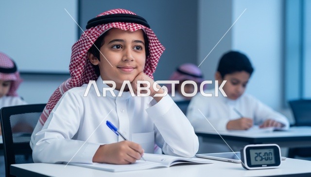 طالب سعودي في الفصل الدراسي يرتدي الثوب التقليدي