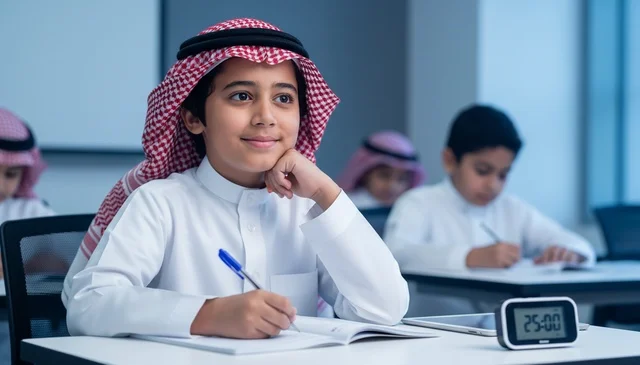 Saudi Student in Classroom Wearing Traditional Thobe