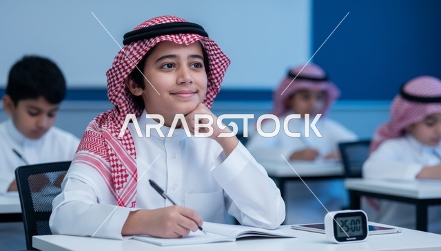 طالب سعودي في الفصل الدراسي يرتدي الثوب التقليدي