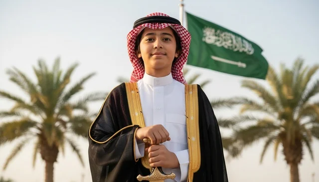 طفل سعودي بالزي التقليدي مع العلم السعودي