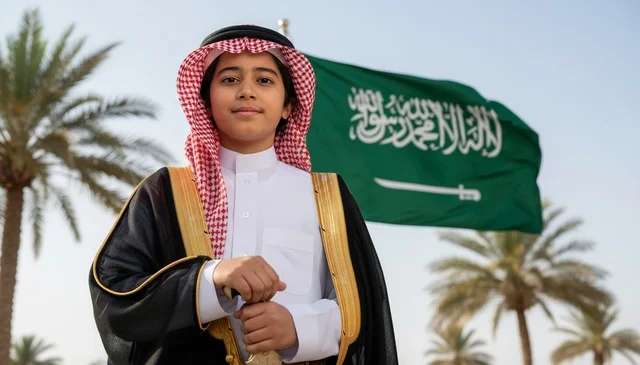 طفل سعودي بالزي التقليدي مع العلم الوطني